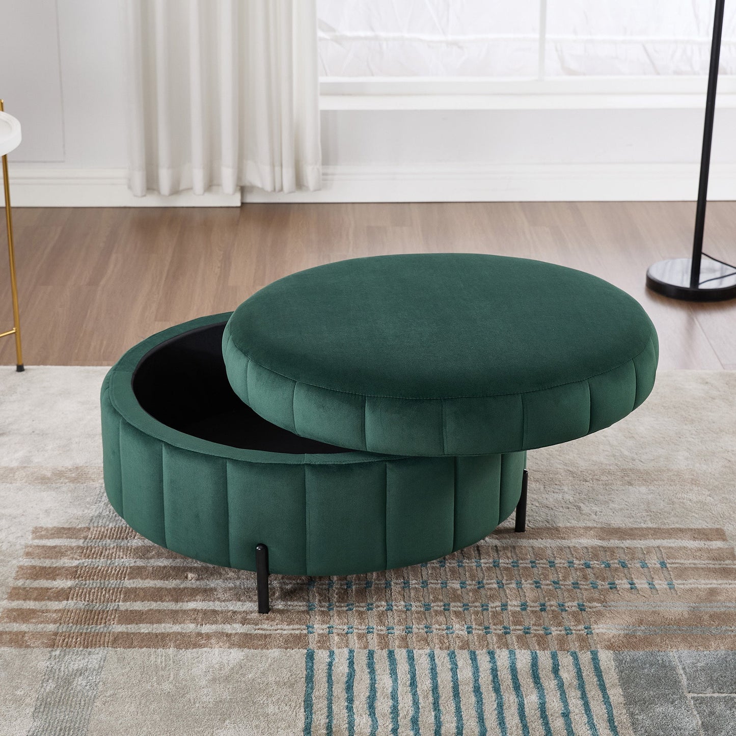 31.5'W Upholstered Round Ottoman With Reversible Lid, Velvet Storage Stool, Channel Tufted Pumpkin - shape Footstool for Living room, Bedroom and Office, Green - 1st Choice Furniture Direct