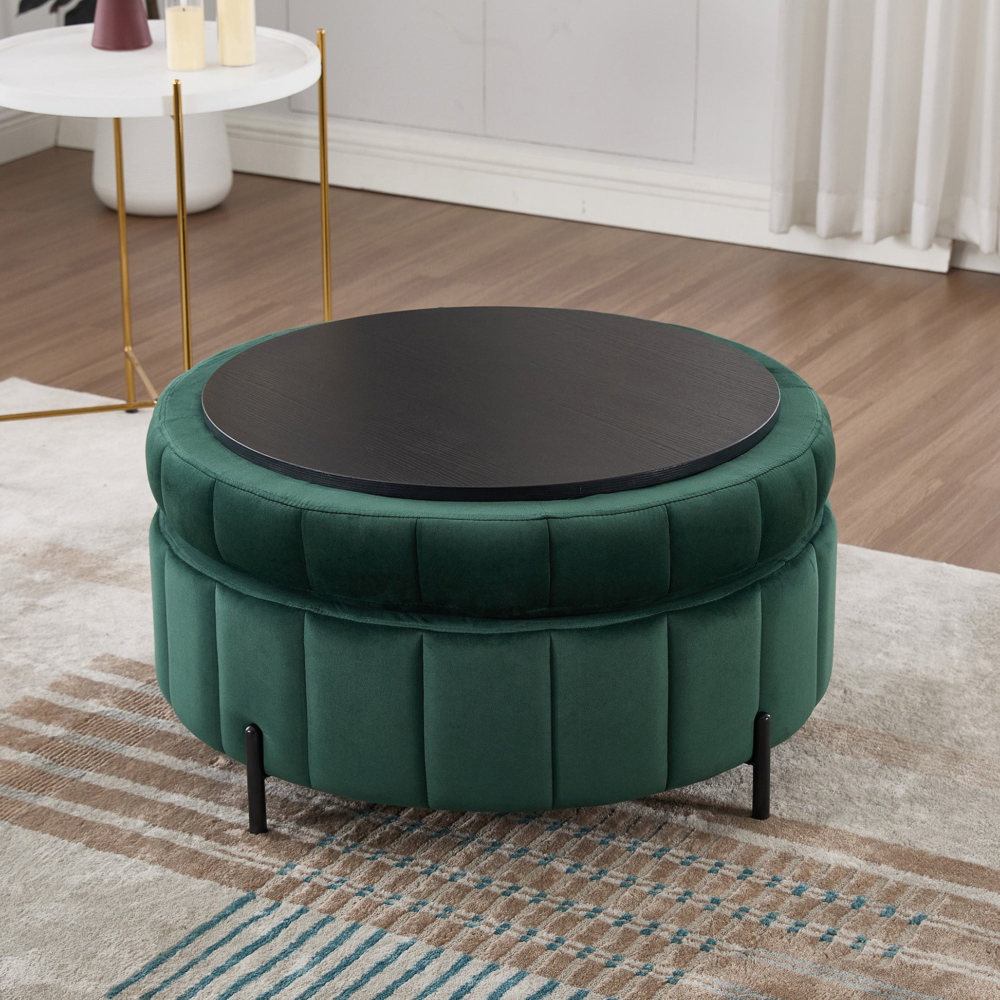 31.5'W Upholstered Round Ottoman With Reversible Lid, Velvet Storage Stool, Channel Tufted Pumpkin - shape Footstool for Living room, Bedroom and Office, Green - 1st Choice Furniture Direct