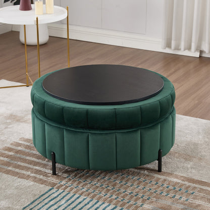 31.5'W Upholstered Round Ottoman With Reversible Lid, Velvet Storage Stool, Channel Tufted Pumpkin - shape Footstool for Living room, Bedroom and Office, Green - 1st Choice Furniture Direct