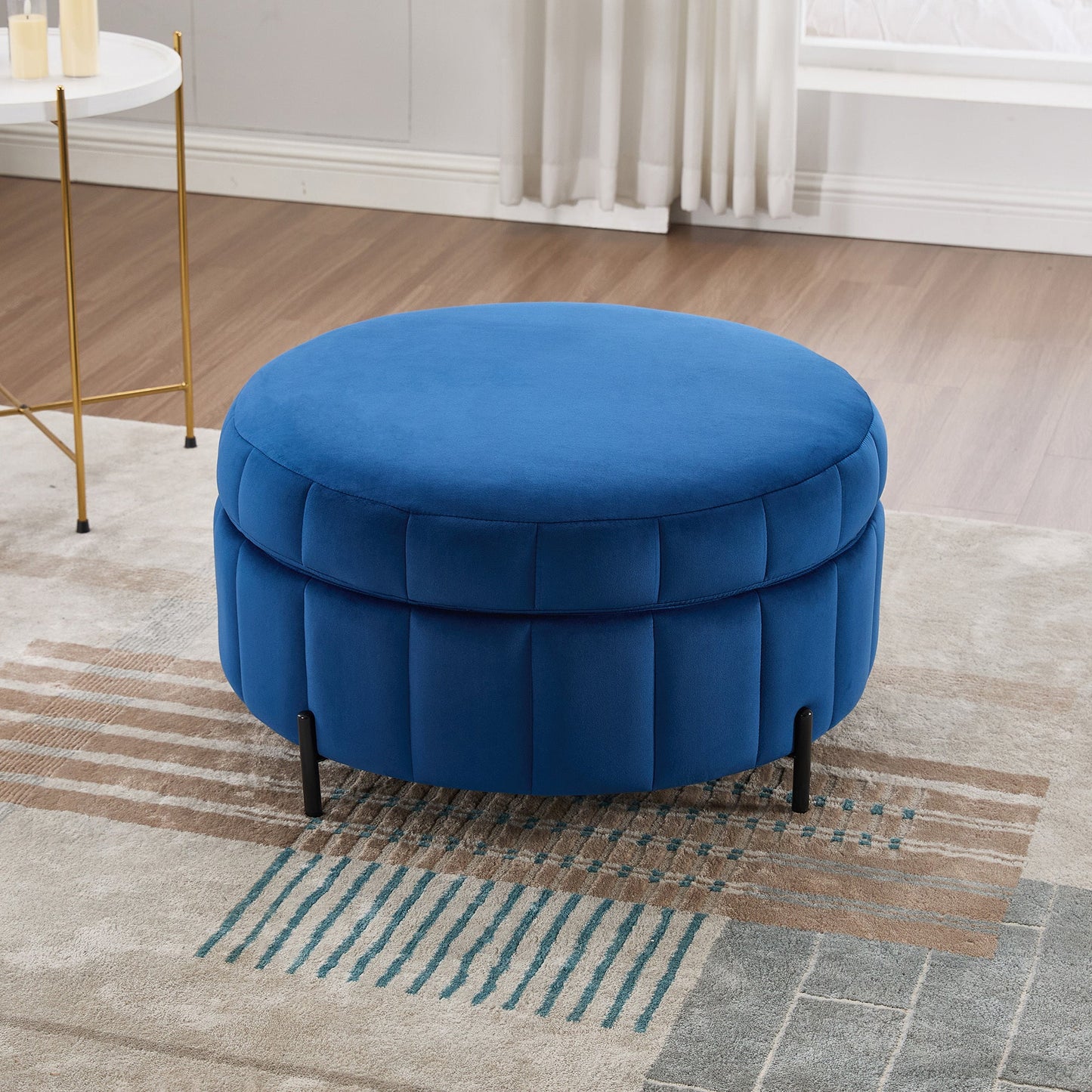 31.5'W Upholstered Round Ottoman With Reversible Lid, Velvet Storage Stool, Channel Tufted Pumpkin - shape Footstool for Living room, Bedroom and Office, Navy - 1st Choice Furniture Direct