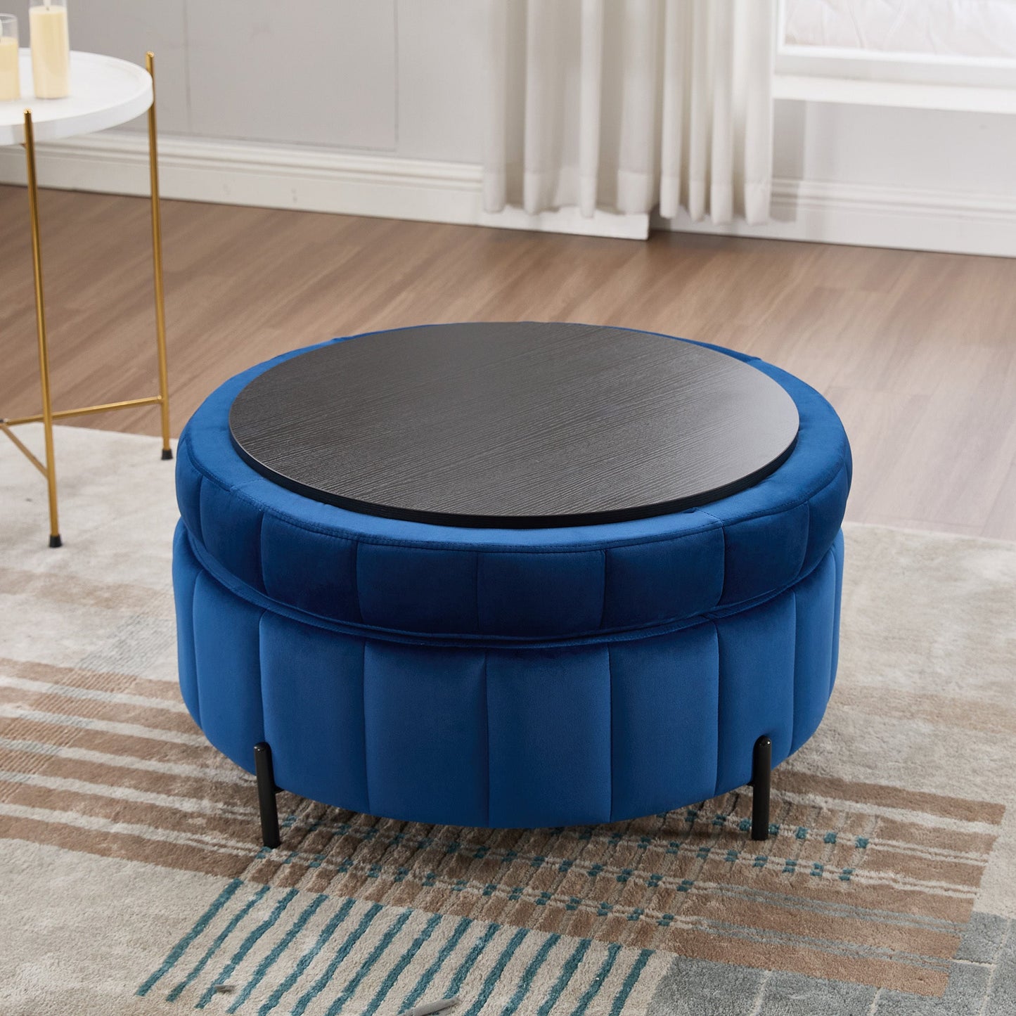 31.5'W Upholstered Round Ottoman With Reversible Lid, Velvet Storage Stool, Channel Tufted Pumpkin - shape Footstool for Living room, Bedroom and Office, Navy - 1st Choice Furniture Direct
