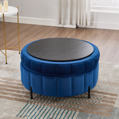 31.5'W Upholstered Round Ottoman With Reversible Lid, Velvet Storage Stool, Channel Tufted Pumpkin - shape Footstool for Living room, Bedroom and Office, Navy - 1st Choice Furniture Direct