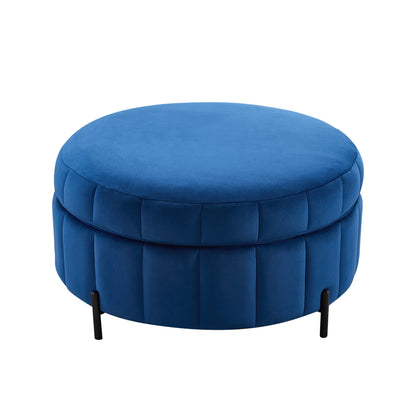 31.5'W Upholstered Round Ottoman With Reversible Lid, Velvet Storage Stool, Channel Tufted Pumpkin - shape Footstool for Living room, Bedroom and Office, Navy - 1st Choice Furniture Direct