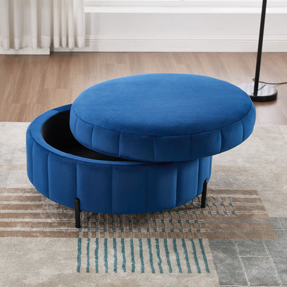 31.5'W Upholstered Round Ottoman With Reversible Lid, Velvet Storage Stool, Channel Tufted Pumpkin - shape Footstool for Living room, Bedroom and Office, Navy - 1st Choice Furniture Direct