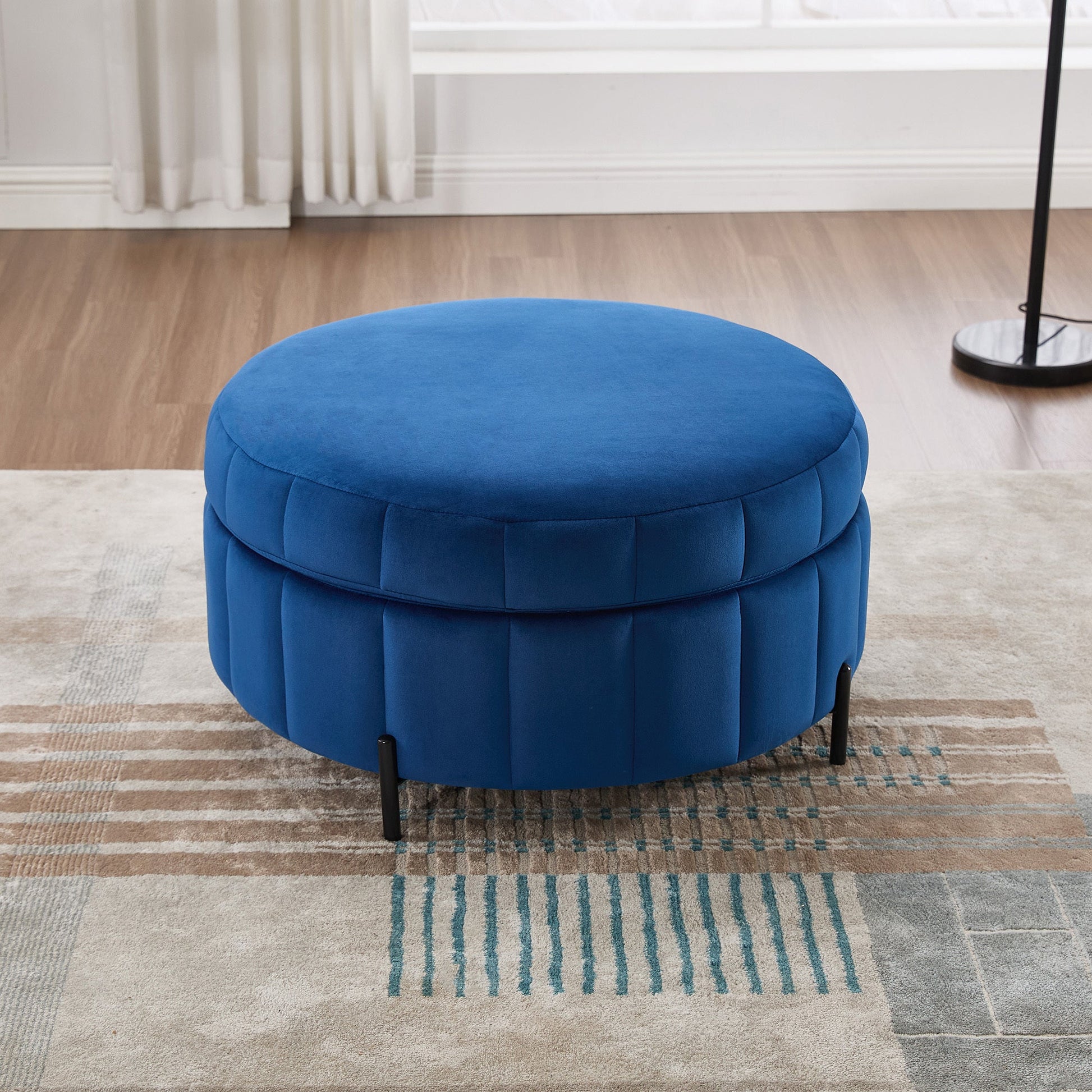 31.5'W Upholstered Round Ottoman With Reversible Lid, Velvet Storage Stool, Channel Tufted Pumpkin - shape Footstool for Living room, Bedroom and Office, Navy - 1st Choice Furniture Direct