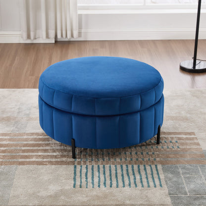 31.5'W Upholstered Round Ottoman With Reversible Lid, Velvet Storage Stool, Channel Tufted Pumpkin - shape Footstool for Living room, Bedroom and Office, Navy - 1st Choice Furniture Direct