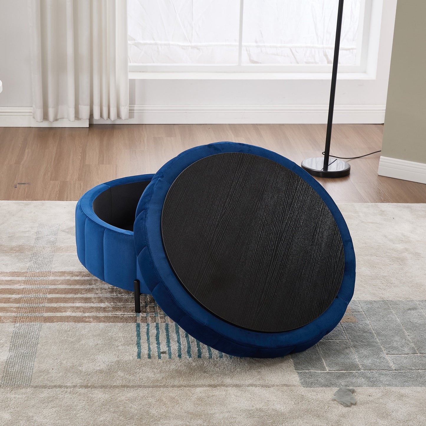 31.5'W Upholstered Round Ottoman With Reversible Lid, Velvet Storage Stool, Channel Tufted Pumpkin - shape Footstool for Living room, Bedroom and Office, Navy - 1st Choice Furniture Direct