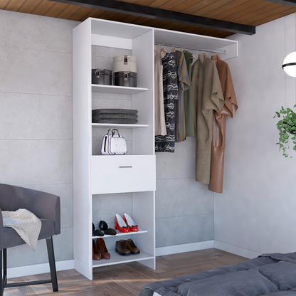 Modern White Wardrobe Closet with Shelves Drawer and Hanging Rod