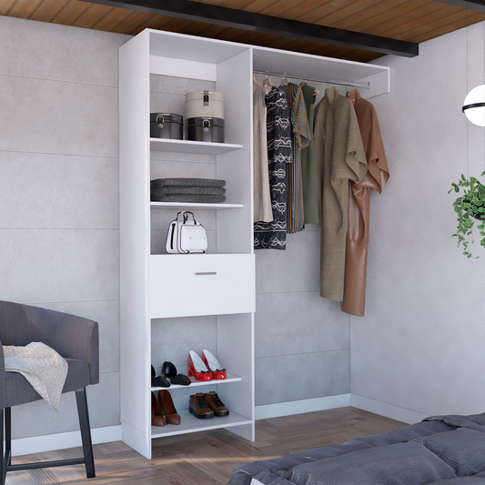 Modern White Wardrobe Closet with Shelves Drawer and Hanging Rod