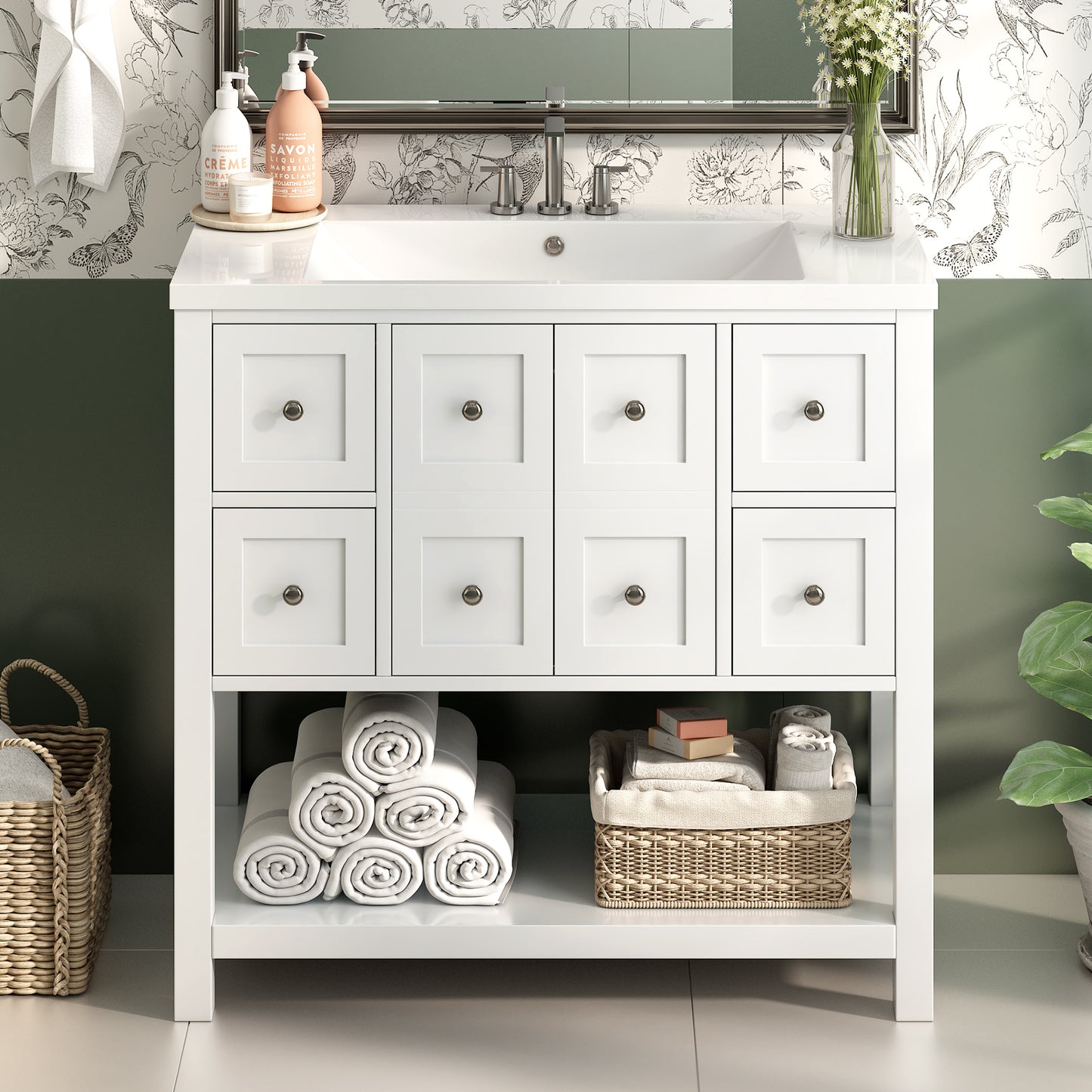 36'' Bathroom Vanity with Undermount Sink,Free Standing Vanity Set with 4 Drawers& Soft Closing Doors,Solid Wood Frame Bathroom Storage Cabinet (Same as SW000123AAK)