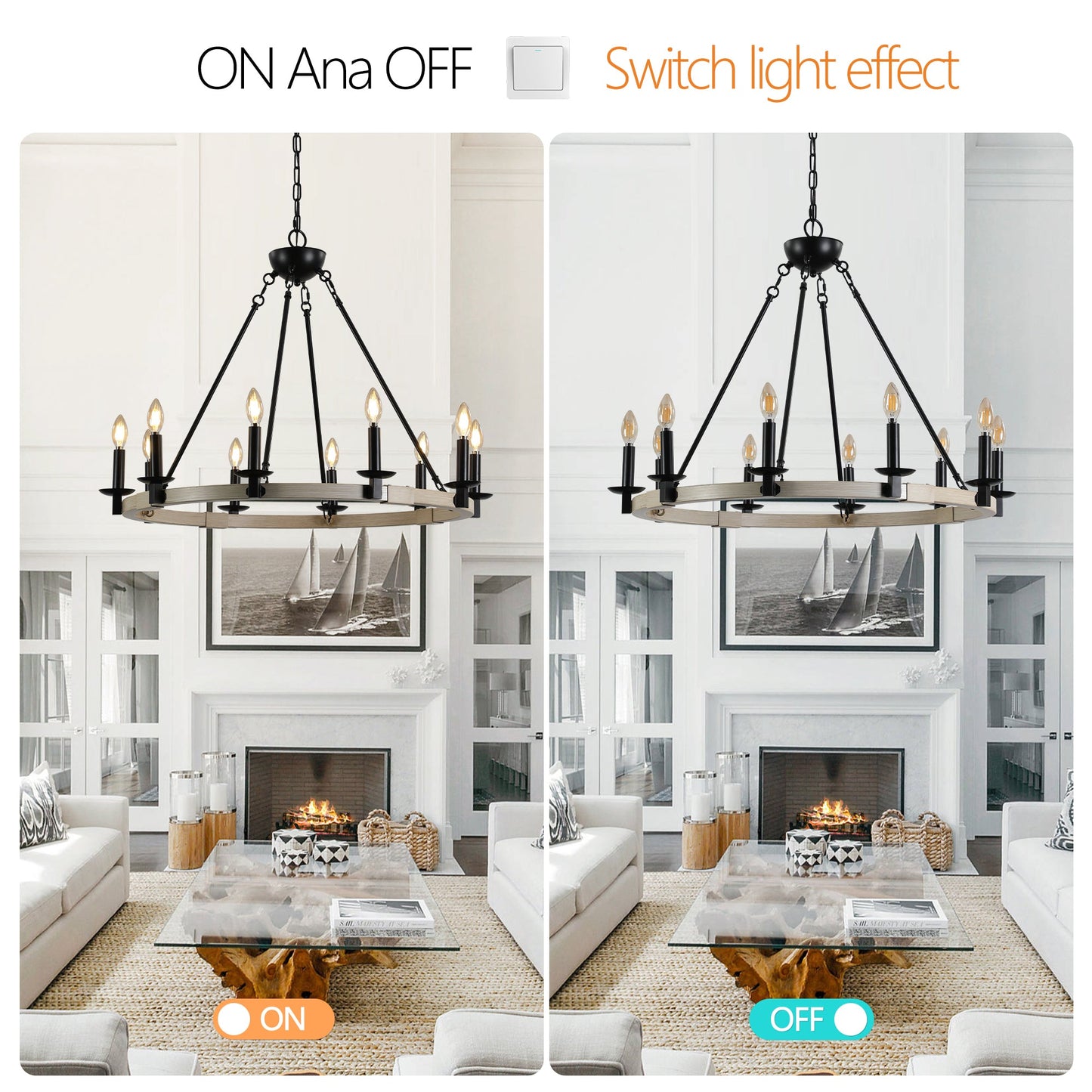 32' Rustic Farmhouse 10-Light Candle Chandelier, Black Metal and Wood Round Hanging Light Fixture for Dining Room, Kitchen, Living Room, Adjustable Height, E12 Bulb Base (No Bulbs) - 1st Choice Furniture Direct