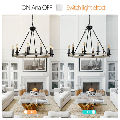 32' Rustic Farmhouse 10-Light Candle Chandelier, Black Metal and Wood Round Hanging Light Fixture for Dining Room, Kitchen, Living Room, Adjustable Height, E12 Bulb Base (No Bulbs) - 1st Choice Furniture Direct