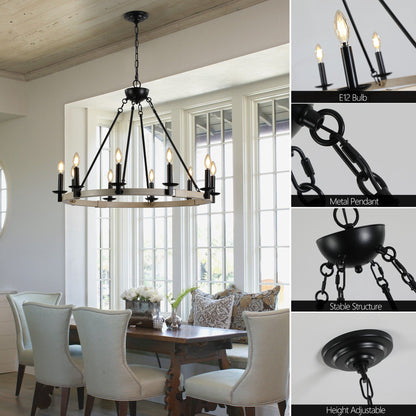 32' Rustic Farmhouse 10-Light Candle Chandelier, Black Metal and Wood Round Hanging Light Fixture for Dining Room, Kitchen, Living Room, Adjustable Height, E12 Bulb Base (No Bulbs) - 1st Choice Furniture Direct