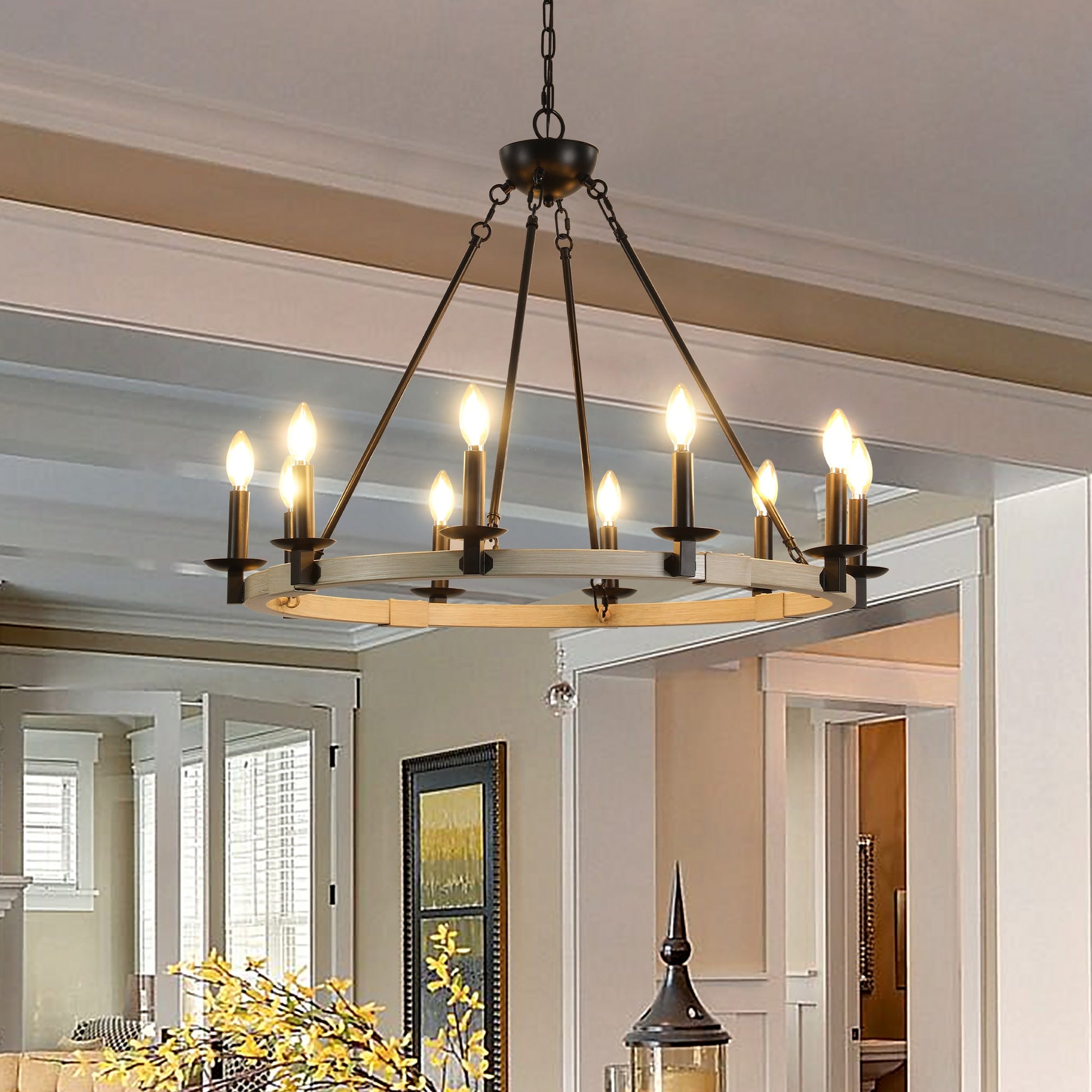 32' Rustic Farmhouse 10-Light Candle Chandelier, Black Metal and Wood Round Hanging Light Fixture for Dining Room, Kitchen, Living Room, Adjustable Height, E12 Bulb Base (No Bulbs) - 1st Choice Furniture Direct
