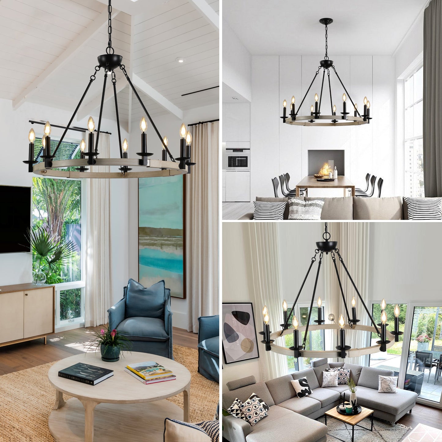 32' Rustic Farmhouse 10-Light Candle Chandelier, Black Metal and Wood Round Hanging Light Fixture for Dining Room, Kitchen, Living Room, Adjustable Height, E12 Bulb Base (No Bulbs) - 1st Choice Furniture Direct