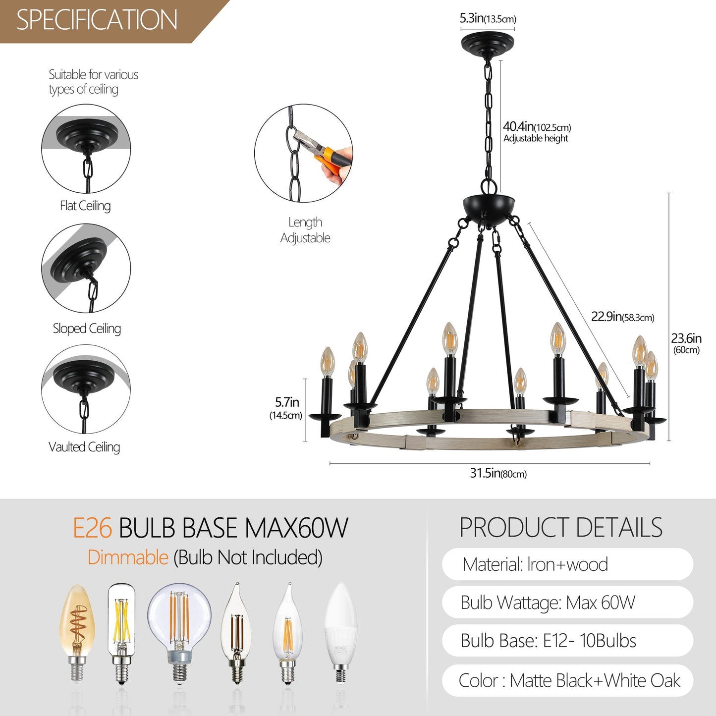 32' Rustic Farmhouse 10-Light Candle Chandelier, Black Metal and Wood Round Hanging Light Fixture for Dining Room, Kitchen, Living Room, Adjustable Height, E12 Bulb Base (No Bulbs) - 1st Choice Furniture Direct