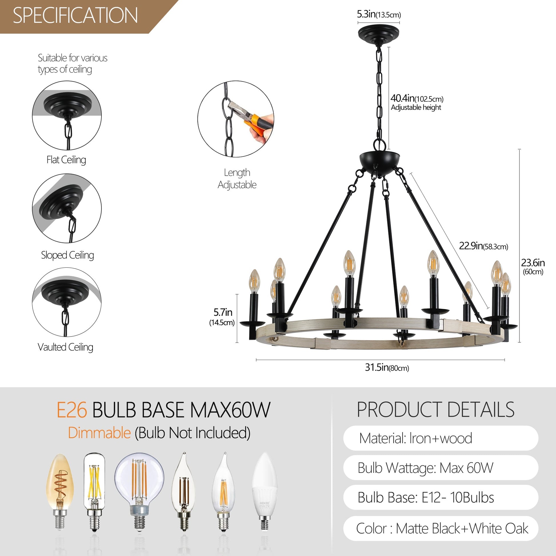 32' Rustic Farmhouse 10-Light Candle Chandelier, Black Metal and Wood Round Hanging Light Fixture for Dining Room, Kitchen, Living Room, Adjustable Height, E12 Bulb Base (No Bulbs) - 1st Choice Furniture Direct