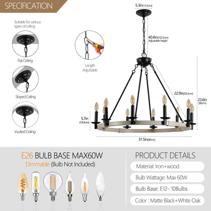 32' Rustic Farmhouse 10-Light Candle Chandelier, Black Metal and Wood Round Hanging Light Fixture for Dining Room, Kitchen, Living Room, Adjustable Height, E12 Bulb Base (No Bulbs) - 1st Choice Furniture Direct