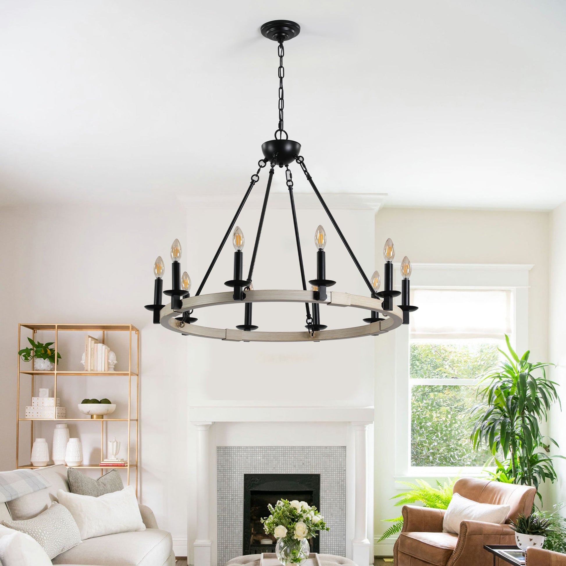 32' Rustic Farmhouse 10-Light Candle Chandelier, Black Metal and Wood Round Hanging Light Fixture for Dining Room, Kitchen, Living Room, Adjustable Height, E12 Bulb Base (No Bulbs) - 1st Choice Furniture Direct
