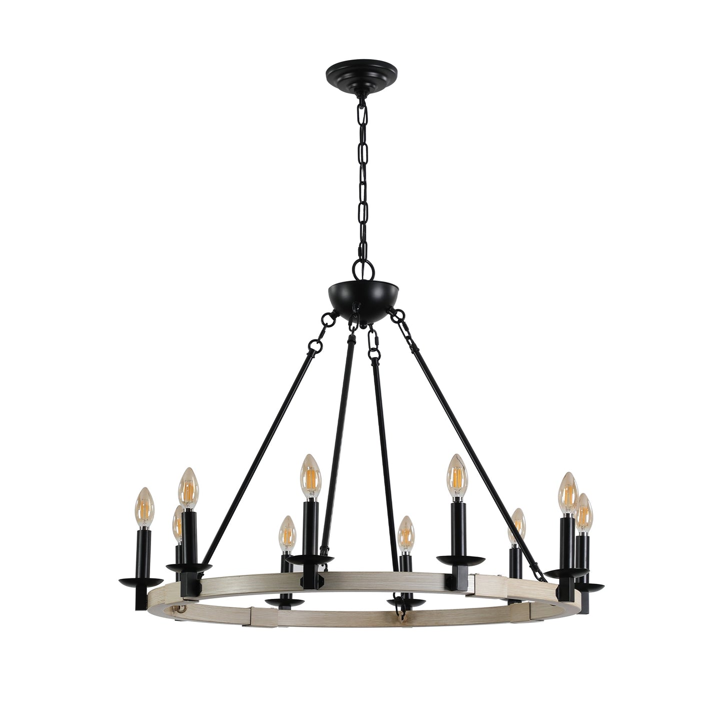 32' Rustic Farmhouse 10-Light Candle Chandelier, Black Metal and Wood Round Hanging Light Fixture for Dining Room, Kitchen, Living Room, Adjustable Height, E12 Bulb Base (No Bulbs) - 1st Choice Furniture Direct