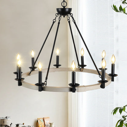 32' Rustic Farmhouse 10-Light Candle Chandelier, Black Metal and Wood Round Hanging Light Fixture for Dining Room, Kitchen, Living Room, Adjustable Height, E12 Bulb Base (No Bulbs) - 1st Choice Furniture Direct