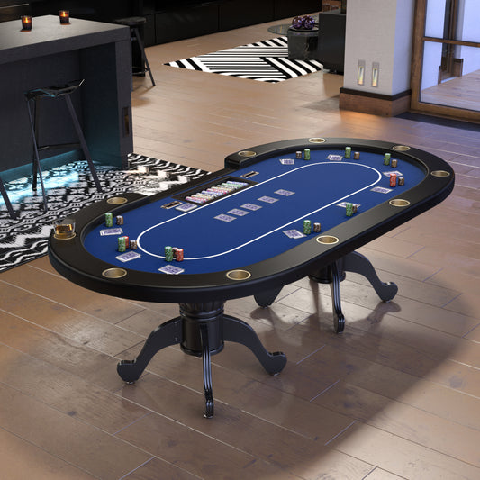 96' Poker Table for Texas Holdem Casino Game Premium Aura Oval with Waterproof Felt Cup Holders Chips Tray Drop Box Blue
