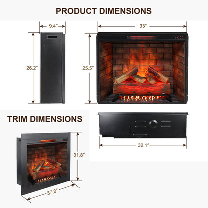 33 inch Infrared Electric Fireplace with Removable Trim kit Insert, Touch Panel Home Decor Heater, Smokeless Firebox With Fire Crackling Sound - 1st Choice Furniture Direct