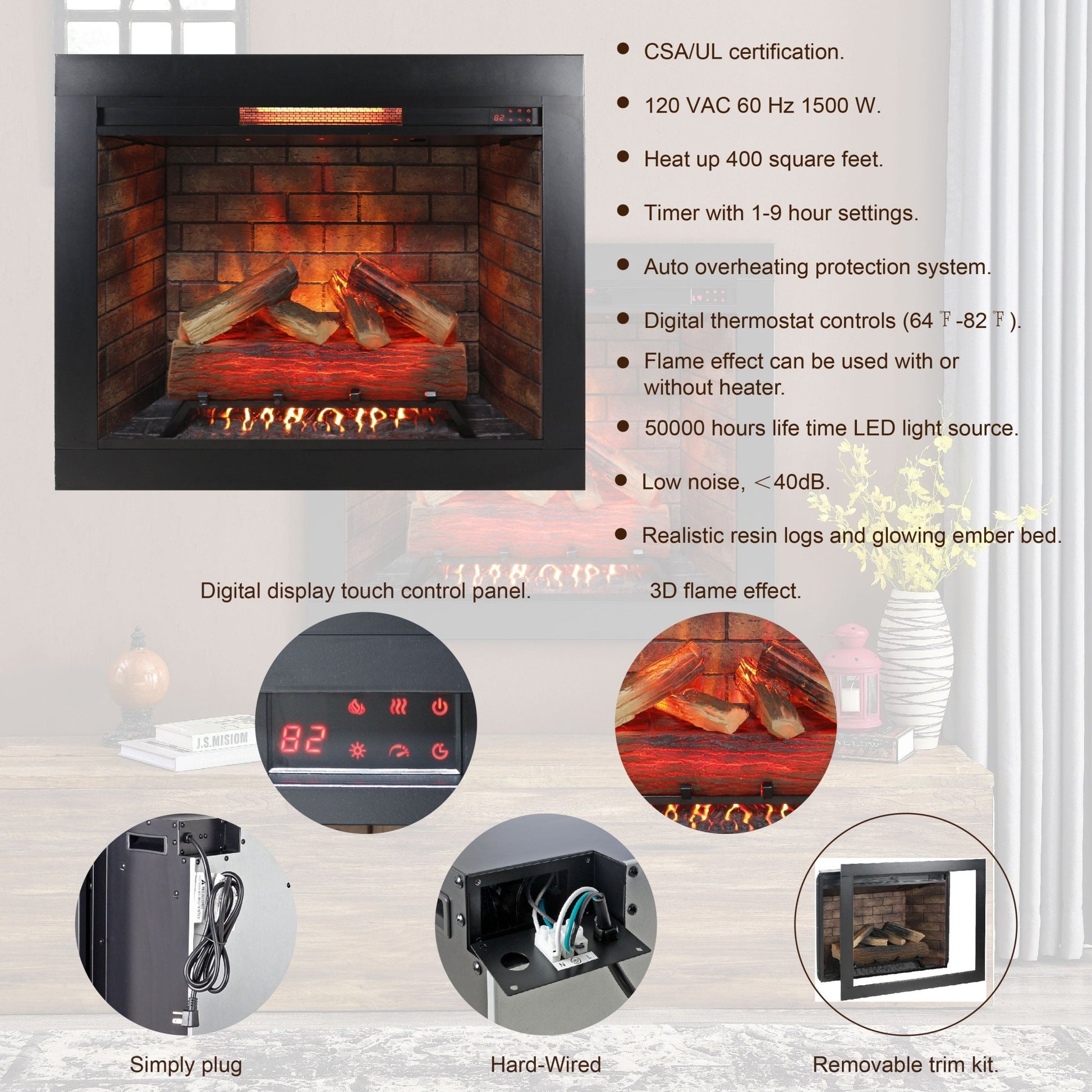 33 inch Infrared Electric Fireplace with Removable Trim kit Insert, Touch Panel Home Decor Heater, Smokeless Firebox With Fire Crackling Sound - 1st Choice Furniture Direct