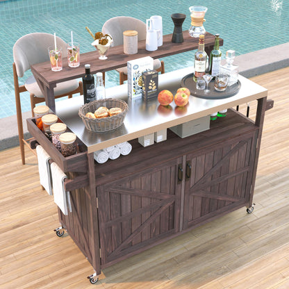 K&K 53.3' Outdoor Kitchen Island with Raised Shelf, Solid Wood Storage Cabinet with Stainless Steel Top, Outdoor Rolling Grill Cart with Internal Storage Rack, Adjustable Shelf, Spice Rack, Brown