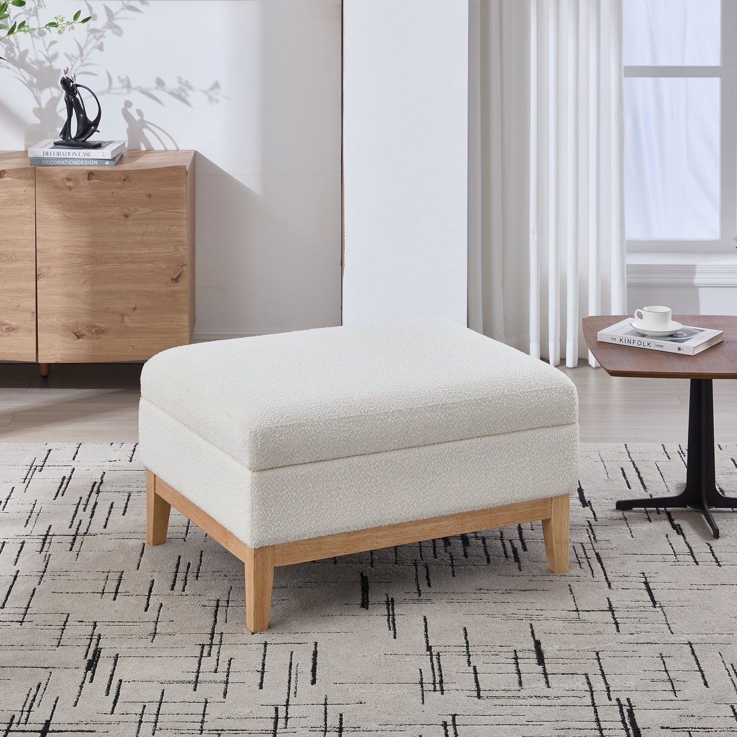 33.86'W Upholstered Wood Base Storage Ottoman with Reversible Lid Coffee Table, Foot Stool Square Footrest with Rubberwood Legs for Living Room Bedroom Entryway and Office, Ivory Boucle. - 1st Choice Furniture Direct