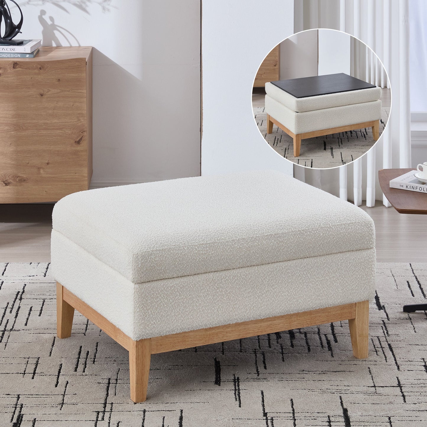 33.86'W Upholstered Wood Base Storage Ottoman with Reversible Lid Coffee Table, Foot Stool Square Footrest with Rubberwood Legs for Living Room Bedroom Entryway and Office, Ivory Boucle. - 1st Choice Furniture Direct