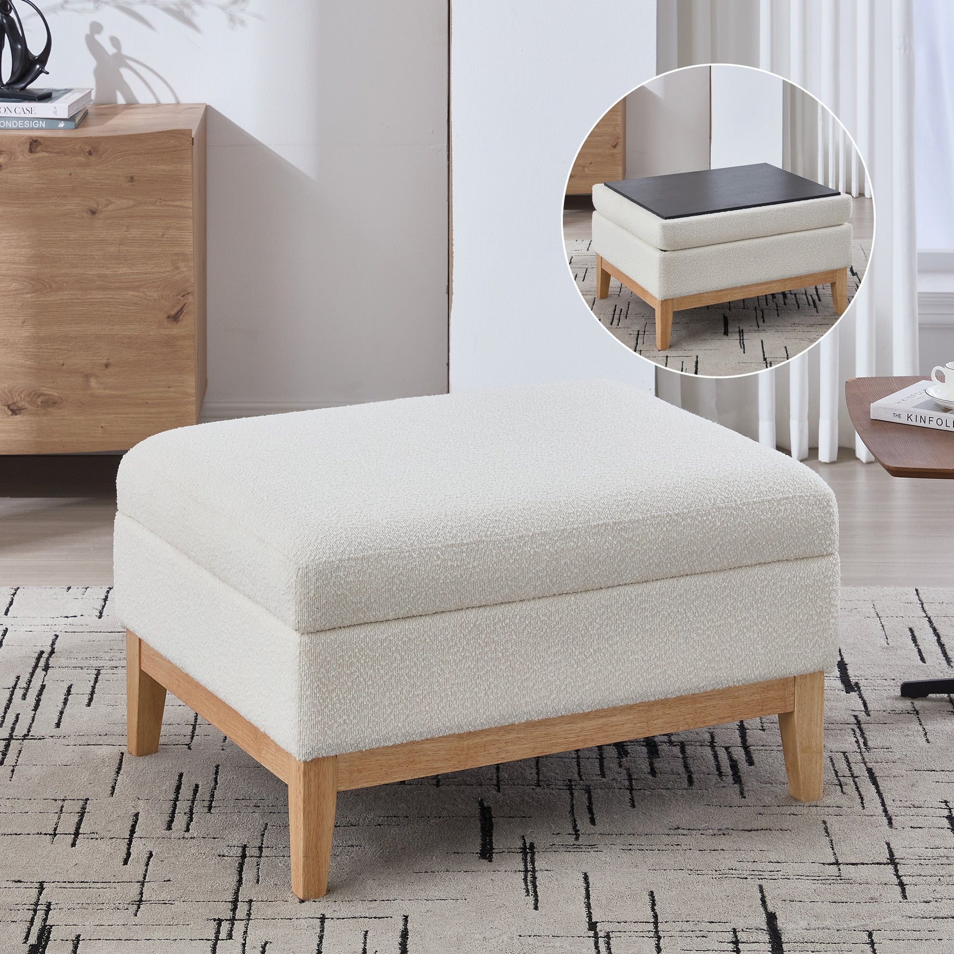 33.86'W Upholstered Wood Base Storage Ottoman with Reversible Lid Coffee Table, Foot Stool Square Footrest with Rubberwood Legs for Living Room Bedroom Entryway and Office, Ivory Boucle. - 1st Choice Furniture Direct
