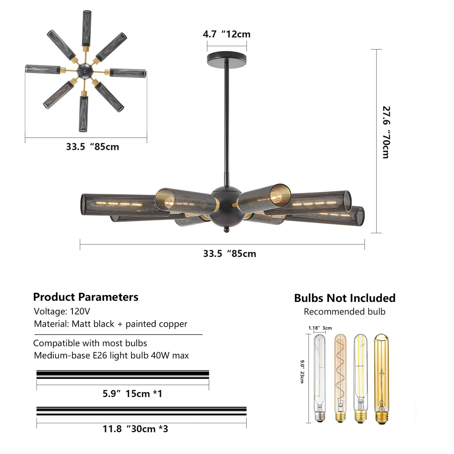 34' Modern Industrial Sputnik Chandelier, 8 - Light Black and Gold Metal Pendant Light with Mesh Shades, E26 Base, Adjustable Height for Dining Room, Living Room, or Kitchen Island (Bulb Not Included) - 1st Choice Furniture Direct