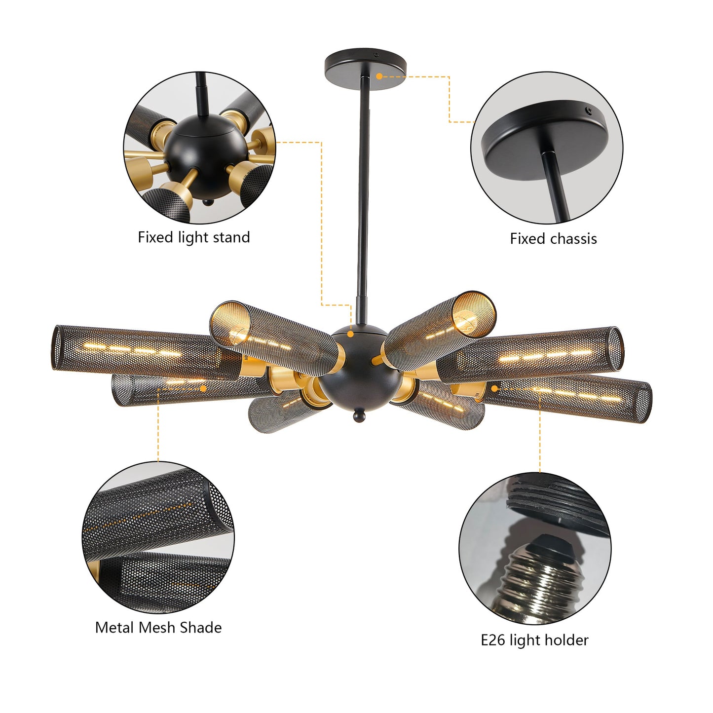 34' Modern Industrial Sputnik Chandelier, 8 - Light Black and Gold Metal Pendant Light with Mesh Shades, E26 Base, Adjustable Height for Dining Room, Living Room, or Kitchen Island (Bulb Not Included) - 1st Choice Furniture Direct