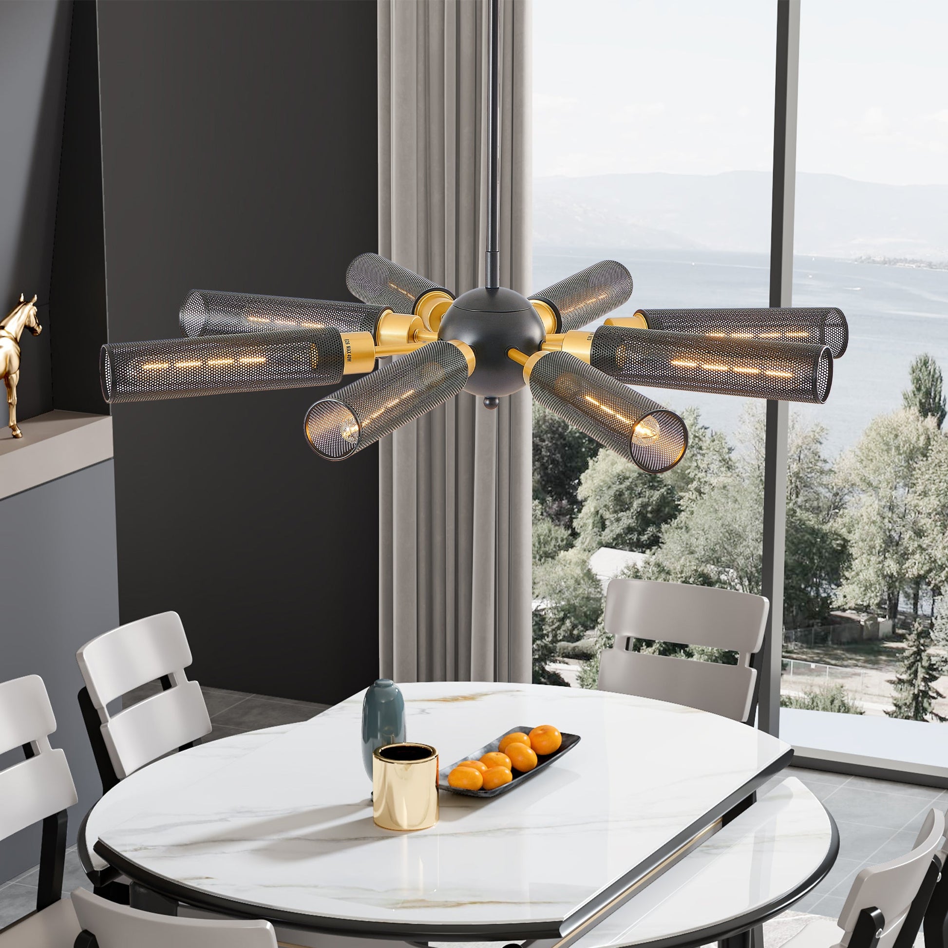 34' Modern Industrial Sputnik Chandelier, 8 - Light Black and Gold Metal Pendant Light with Mesh Shades, E26 Base, Adjustable Height for Dining Room, Living Room, or Kitchen Island (Bulb Not Included) - 1st Choice Furniture Direct