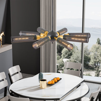34' Modern Industrial Sputnik Chandelier, 8 - Light Black and Gold Metal Pendant Light with Mesh Shades, E26 Base, Adjustable Height for Dining Room, Living Room, or Kitchen Island (Bulb Not Included) - 1st Choice Furniture Direct