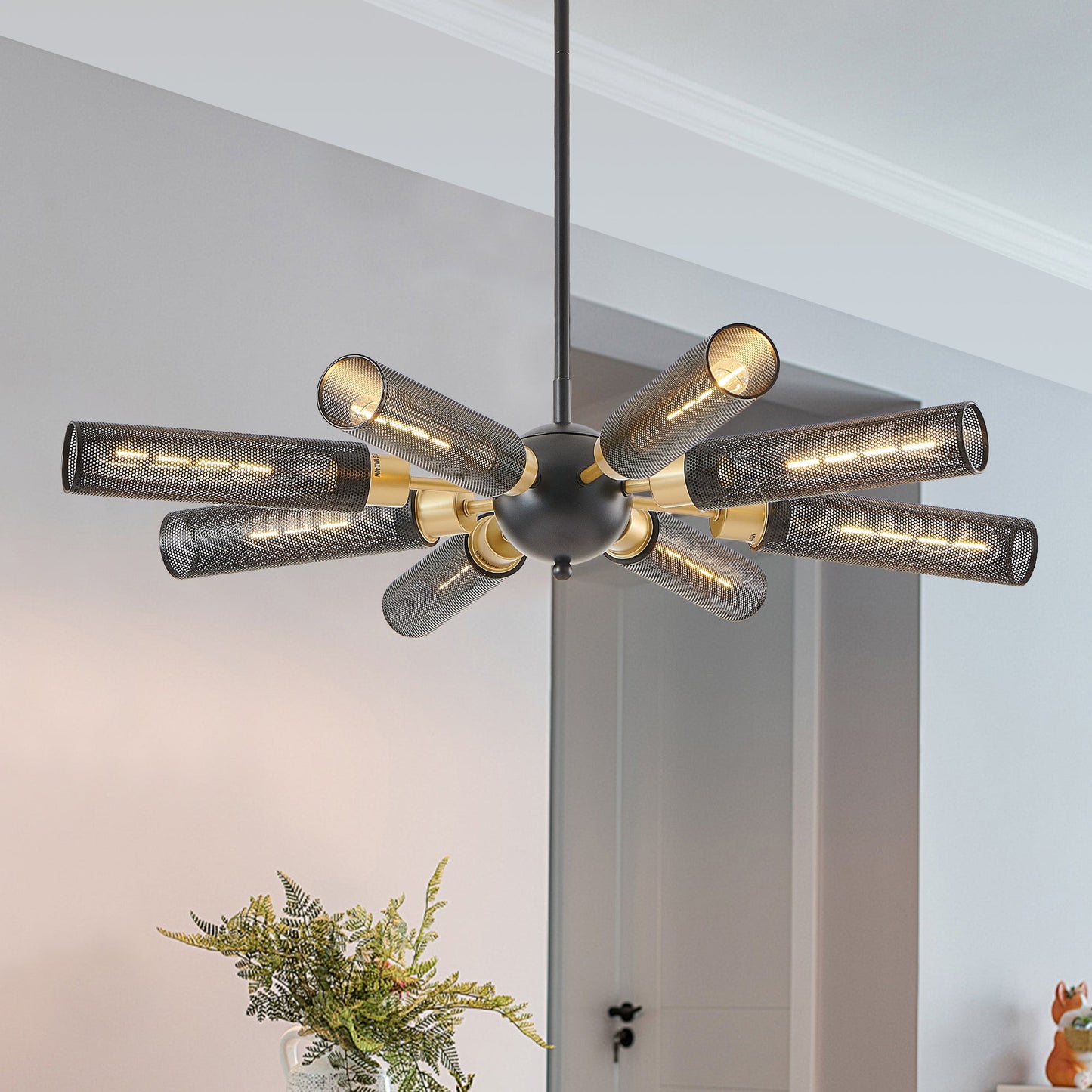 34' Modern Industrial Sputnik Chandelier, 8 - Light Black and Gold Metal Pendant Light with Mesh Shades, E26 Base, Adjustable Height for Dining Room, Living Room, or Kitchen Island (Bulb Not Included) - 1st Choice Furniture Direct