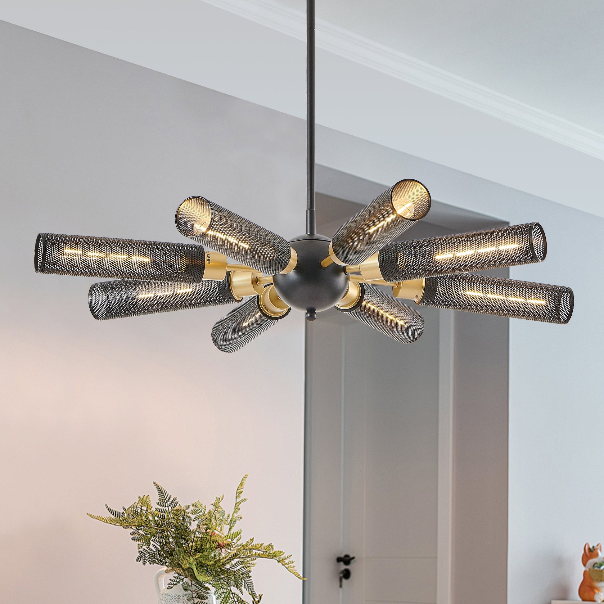 34' Modern Industrial Sputnik Chandelier, 8 - Light Black and Gold Metal Pendant Light with Mesh Shades, E26 Base, Adjustable Height for Dining Room, Living Room, or Kitchen Island (Bulb Not Included) - 1st Choice Furniture Direct