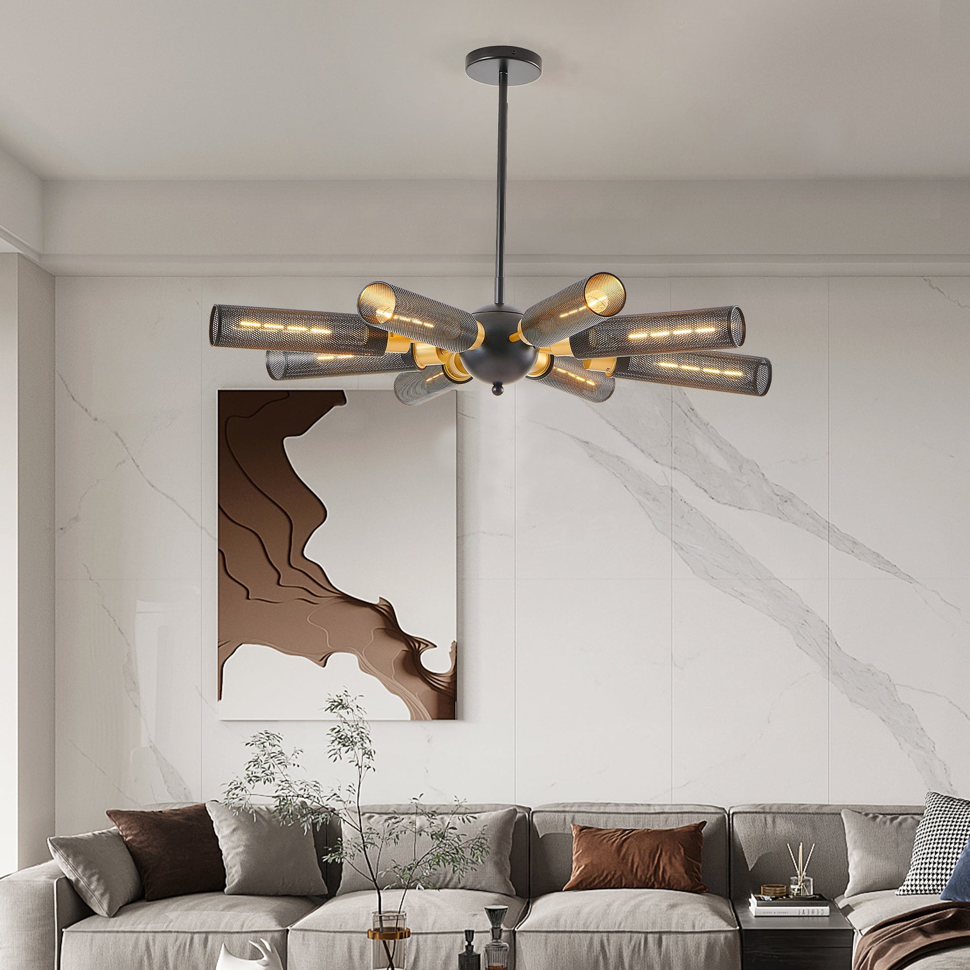 34' Modern Industrial Sputnik Chandelier, 8 - Light Black and Gold Metal Pendant Light with Mesh Shades, E26 Base, Adjustable Height for Dining Room, Living Room, or Kitchen Island (Bulb Not Included) - 1st Choice Furniture Direct