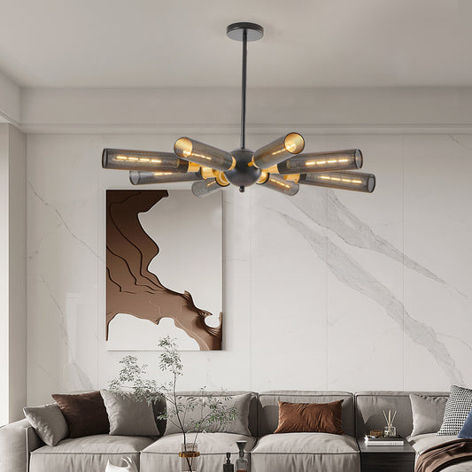 34' Modern Industrial Sputnik Chandelier, 8 - Light Black and Gold Metal Pendant Light with Mesh Shades, E26 Base, Adjustable Height for Dining Room, Living Room, or Kitchen Island (Bulb Not Included) - 1st Choice Furniture Direct