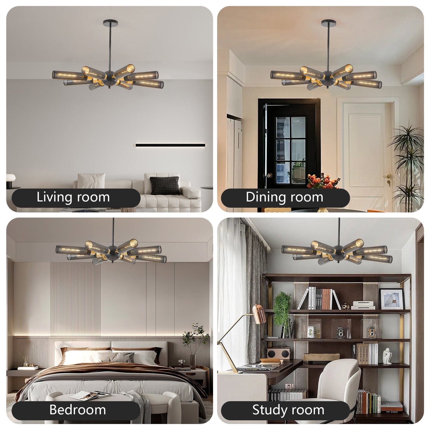 34' Modern Industrial Sputnik Chandelier, 8 - Light Black and Gold Metal Pendant Light with Mesh Shades, E26 Base, Adjustable Height for Dining Room, Living Room, or Kitchen Island (Bulb Not Included) - 1st Choice Furniture Direct
