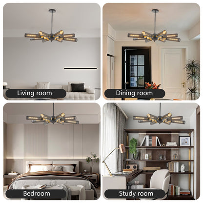 34' Modern Industrial Sputnik Chandelier, 8 - Light Black and Gold Metal Pendant Light with Mesh Shades, E26 Base, Adjustable Height for Dining Room, Living Room, or Kitchen Island (Bulb Not Included) - 1st Choice Furniture Direct