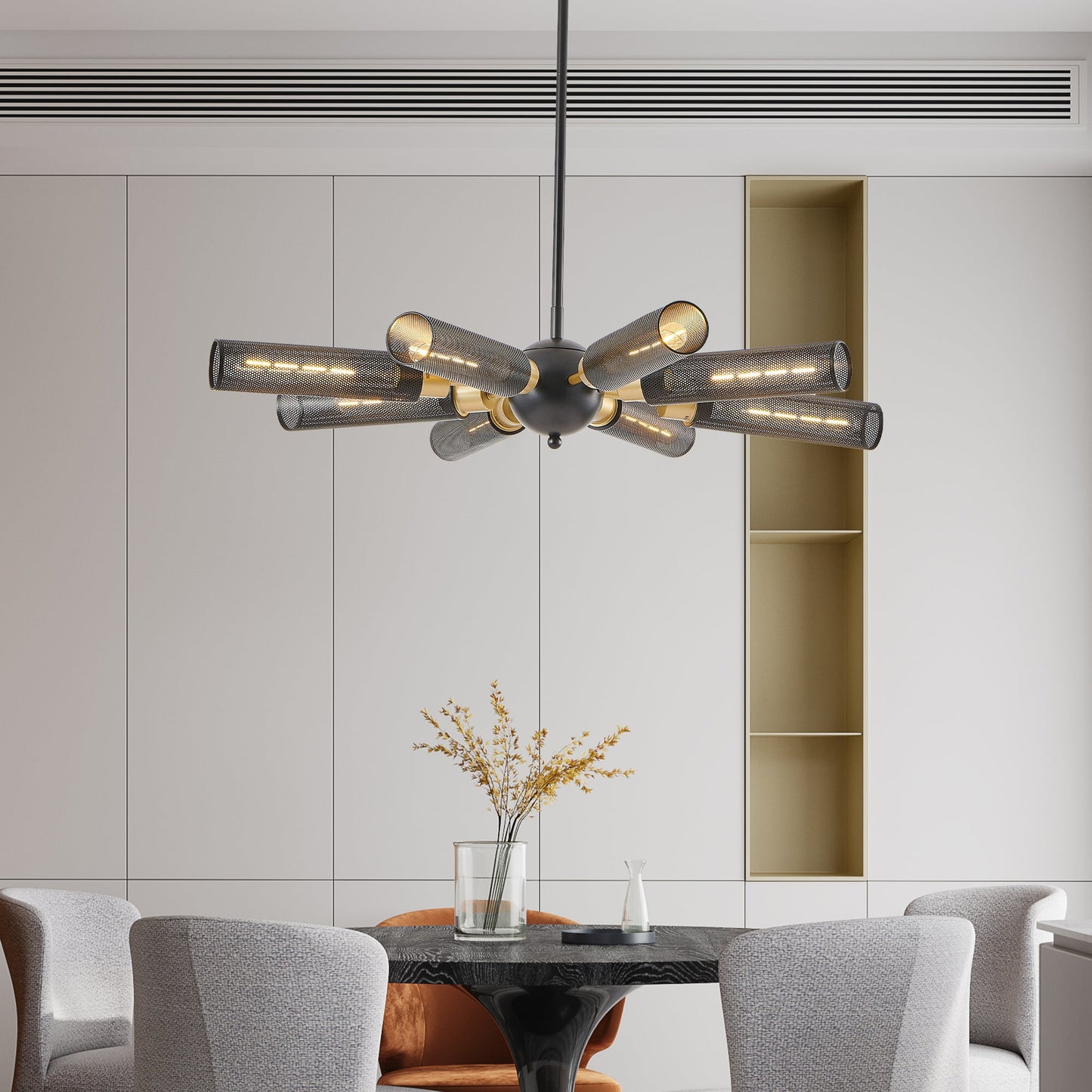 34' Modern Industrial Sputnik Chandelier, 8 - Light Black and Gold Metal Pendant Light with Mesh Shades, E26 Base, Adjustable Height for Dining Room, Living Room, or Kitchen Island (Bulb Not Included) - 1st Choice Furniture Direct
