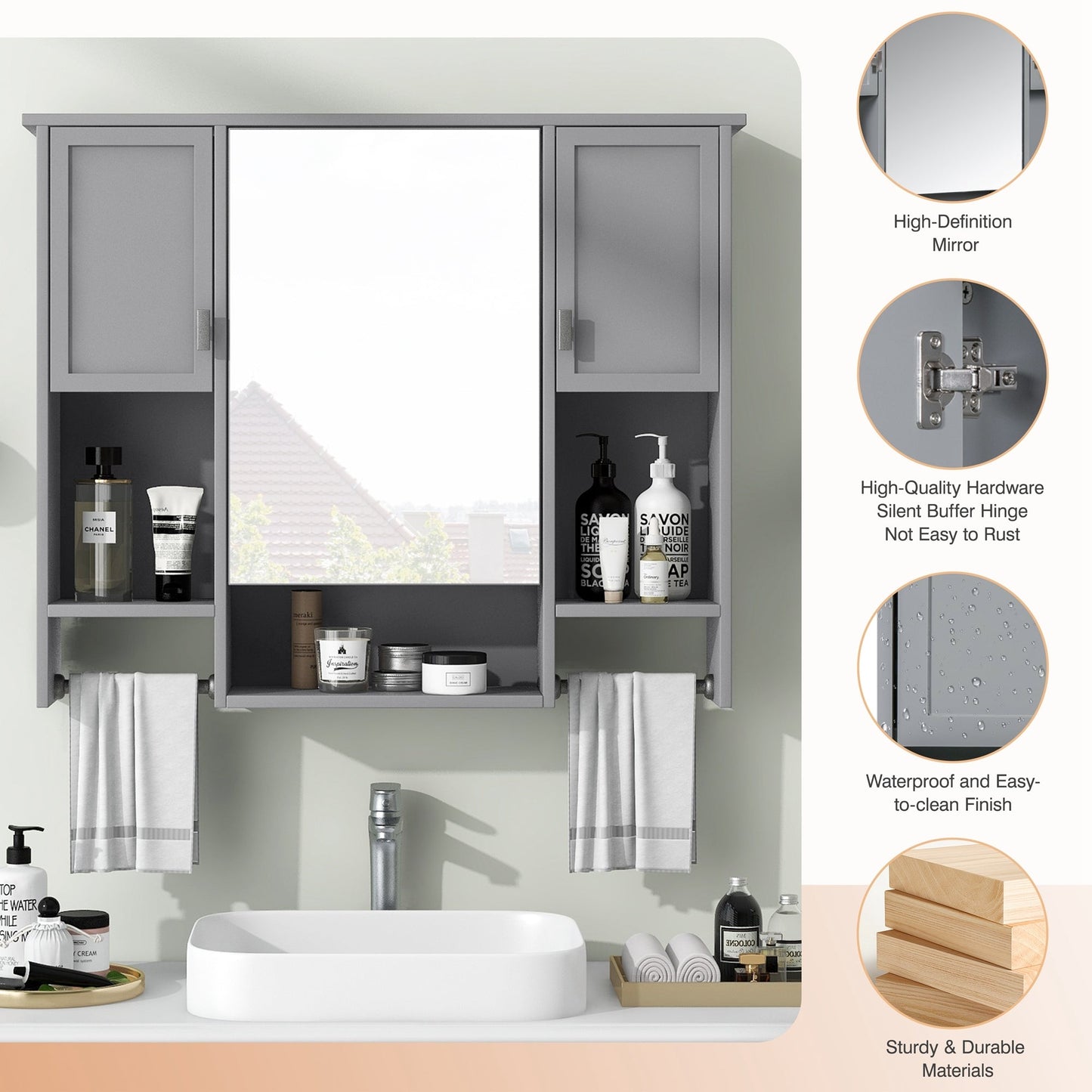 35” Wall Mounted Bathroom Mirror Cabinet with Towel Bar | Grey 3 - Door Storage Cabinet - 1st Choice Furniture Direct