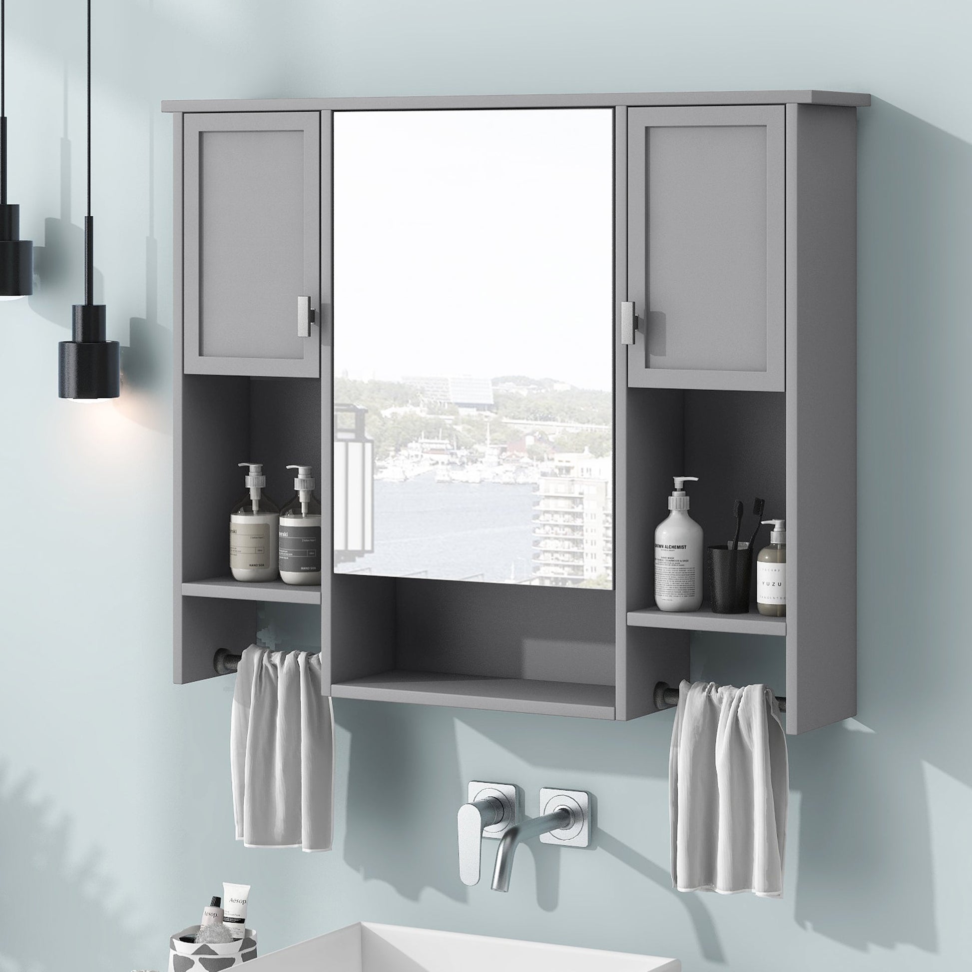 35” Wall Mounted Bathroom Mirror Cabinet with Towel Bar | Grey 3 - Door Storage Cabinet - 1st Choice Furniture Direct