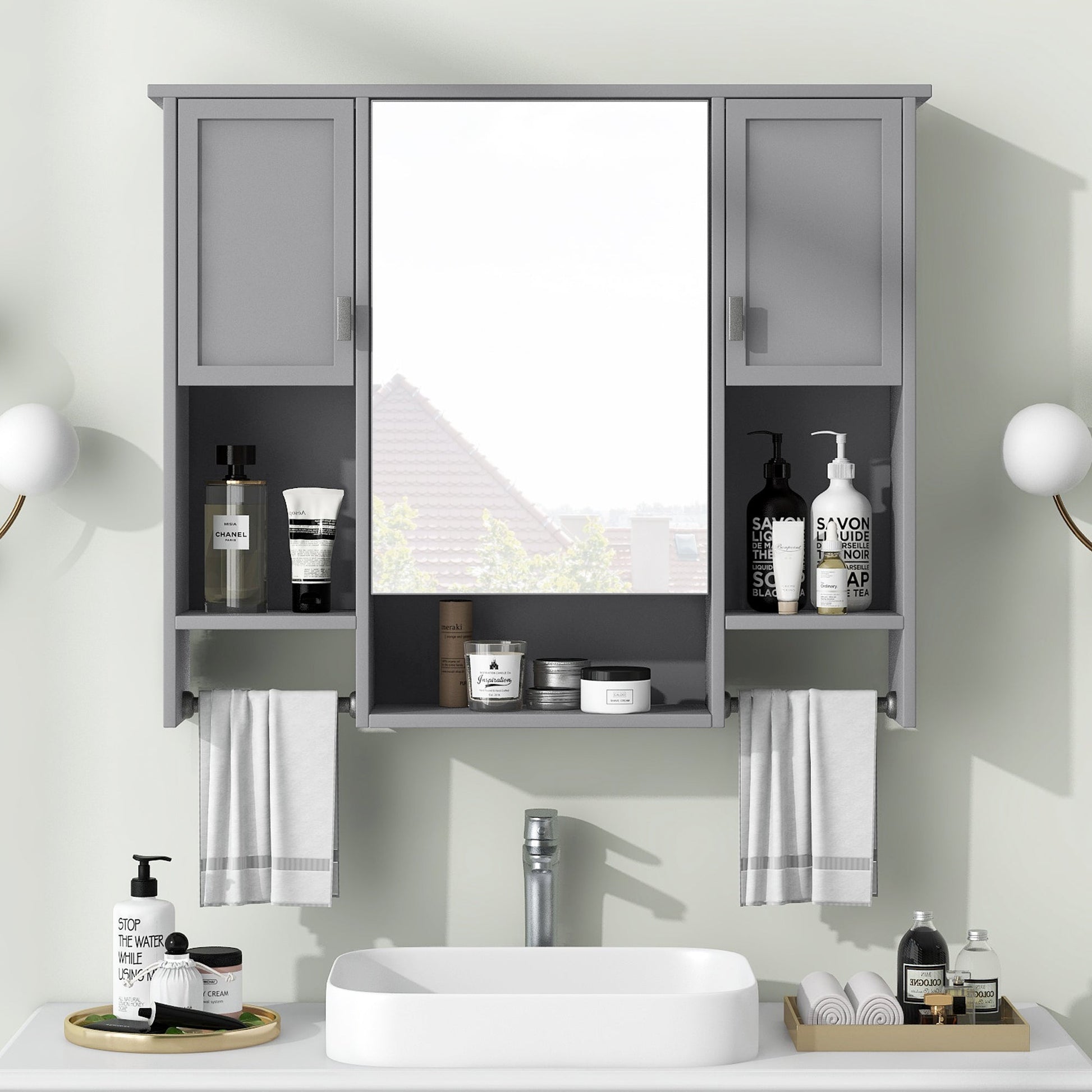 35” Wall Mounted Bathroom Mirror Cabinet with Towel Bar | Grey 3 - Door Storage Cabinet - 1st Choice Furniture Direct