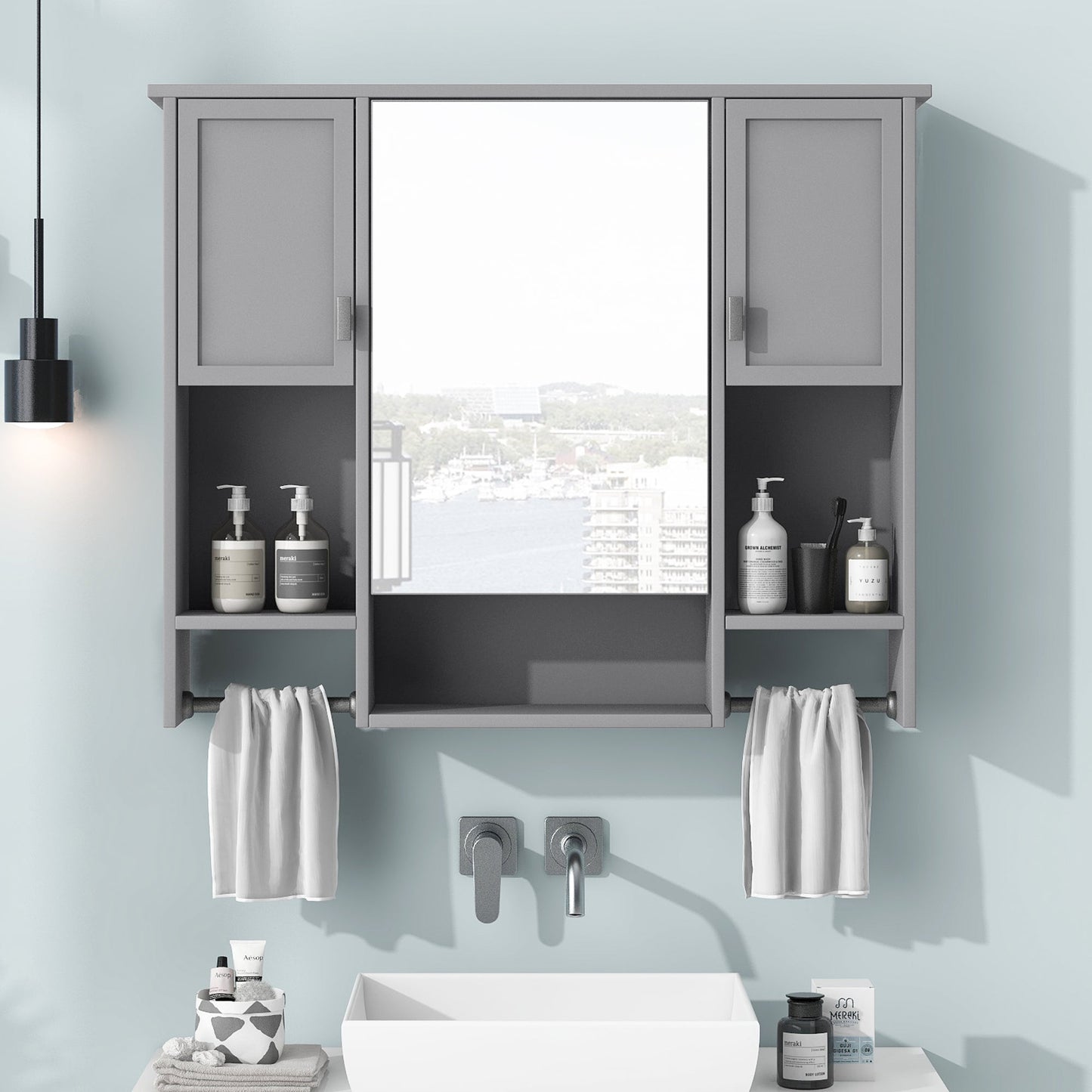 35” Wall Mounted Bathroom Mirror Cabinet with Towel Bar | Grey 3 - Door Storage Cabinet - 1st Choice Furniture Direct