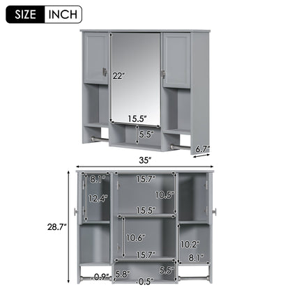 35” Wall Mounted Bathroom Mirror Cabinet with Towel Bar | Grey 3 - Door Storage Cabinet - 1st Choice Furniture Direct