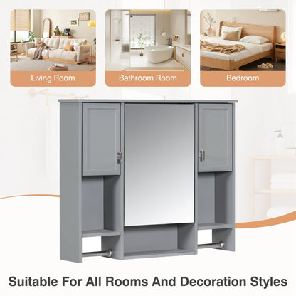 35” Wall Mounted Bathroom Mirror Cabinet with Towel Bar | Grey 3 - Door Storage Cabinet - 1st Choice Furniture Direct