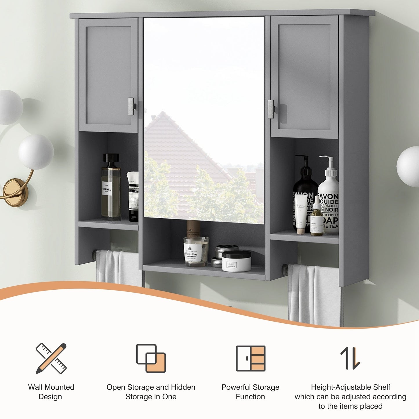 35” Wall Mounted Bathroom Mirror Cabinet with Towel Bar | Grey 3 - Door Storage Cabinet - 1st Choice Furniture Direct